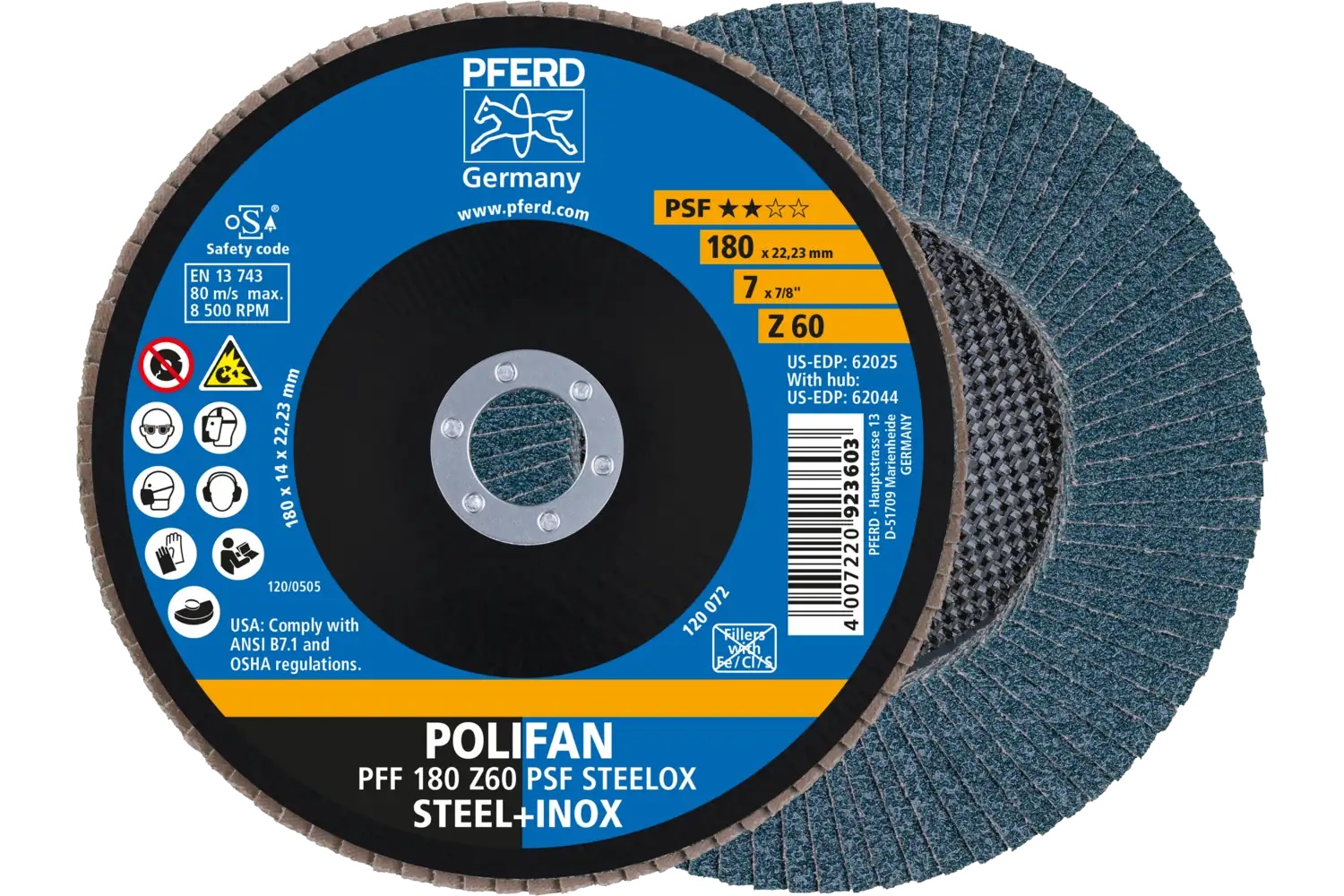 Picture of Pferd Flap Disc, 7" x 7/8, Z PSF Steelox, 60 Grit, T27, Flat, Zirconia